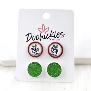 12mm Peace Love Joy & Green Sparkles in Red/White Settings -Christmas Studs