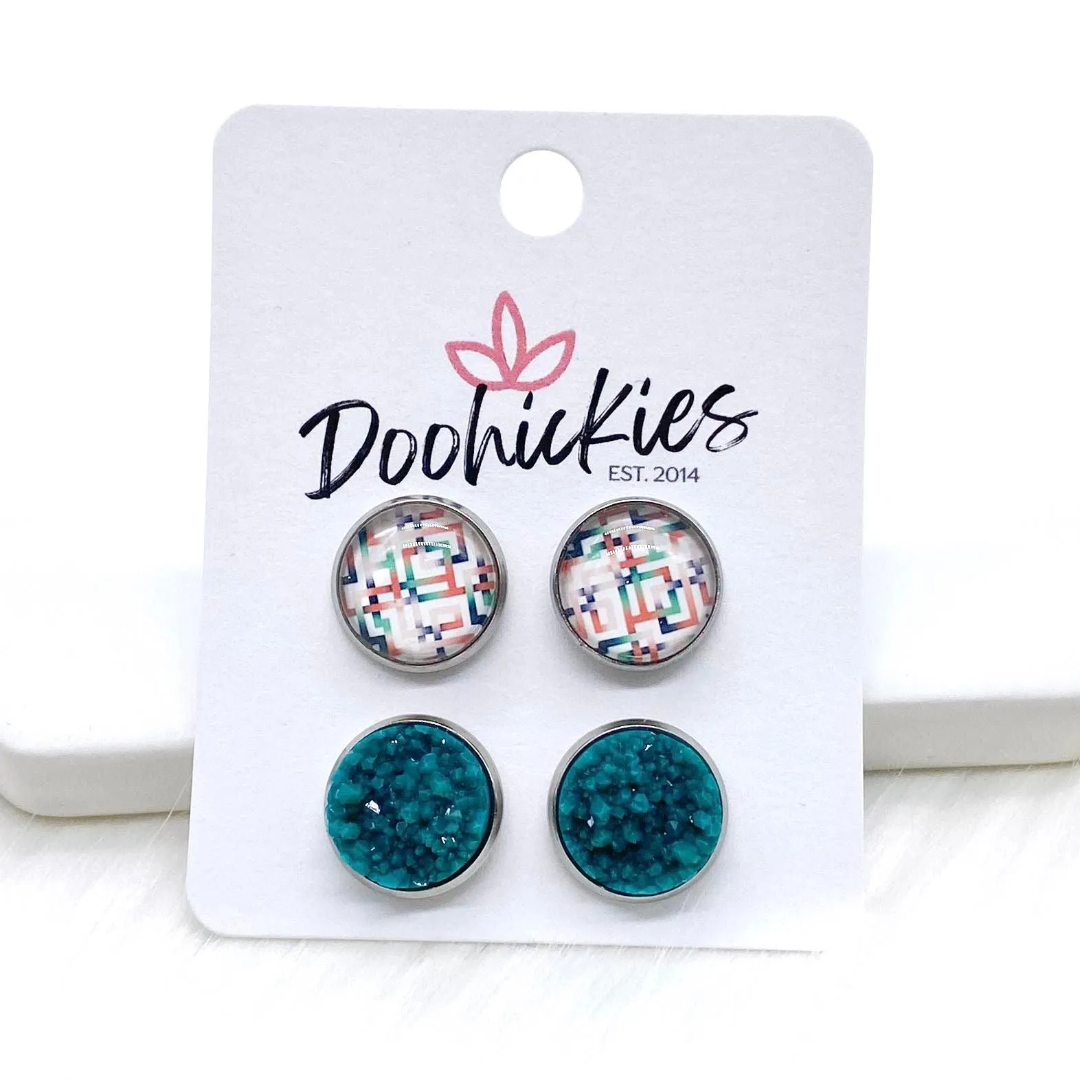 12mm Teal/Mauve/Navy Geo & Teal Crystals in Stainless Steel Settings -Fall Stud Earrings