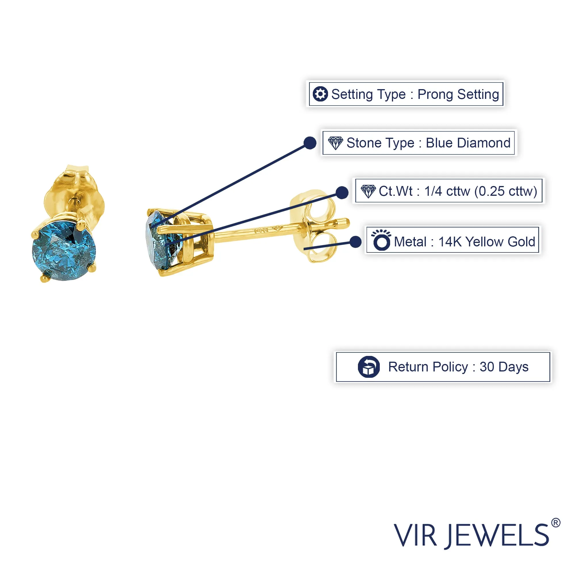 1/4 cttw Blue Diamond Stud Earrings 14k Yellow Gold Round Shape with Push Backs