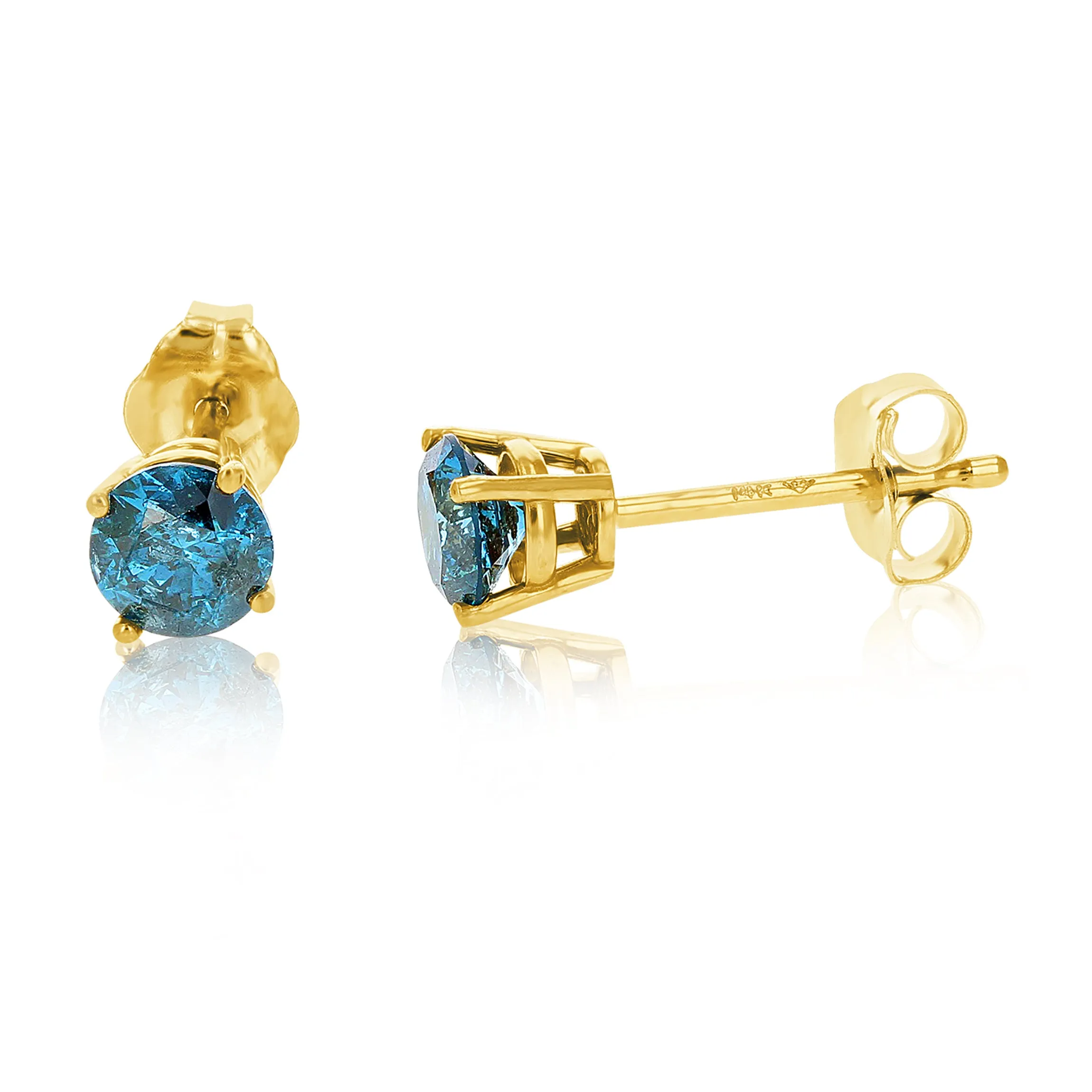 1/4 cttw Blue Diamond Stud Earrings 14k Yellow Gold Round Shape with Push Backs