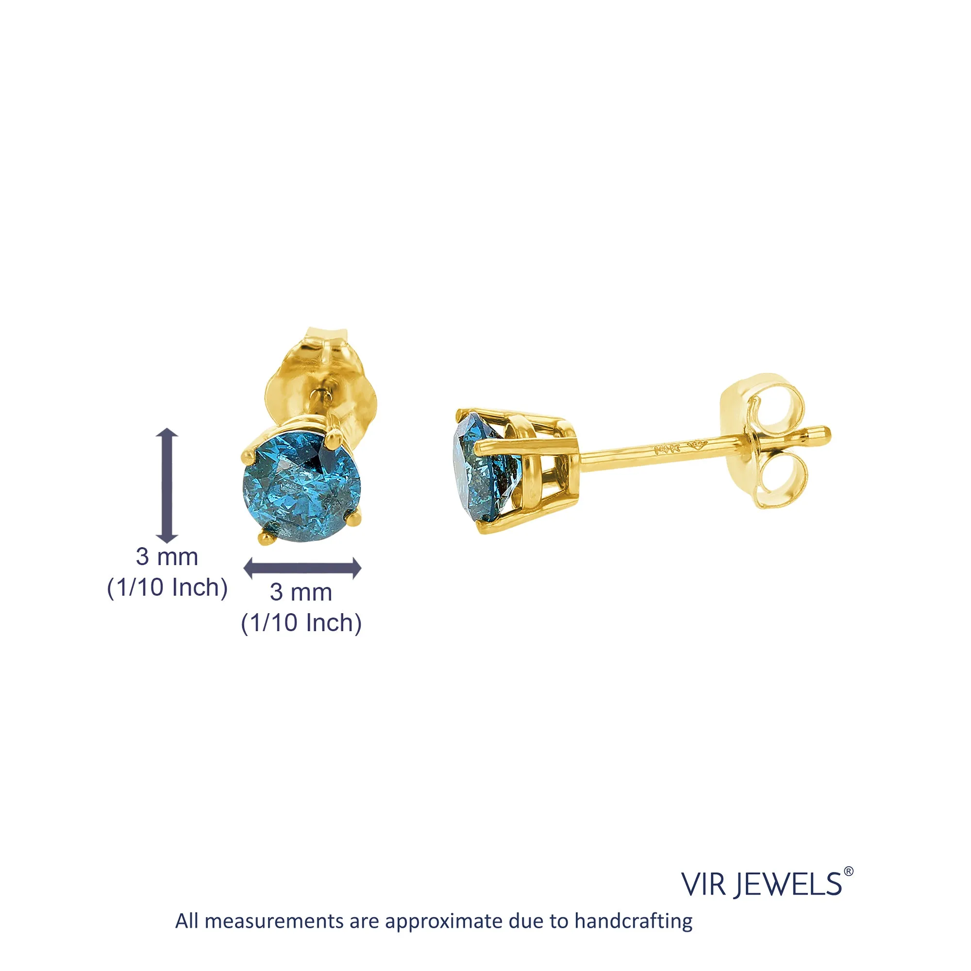 1/4 cttw Blue Diamond Stud Earrings 14k Yellow Gold Round Shape with Push Backs