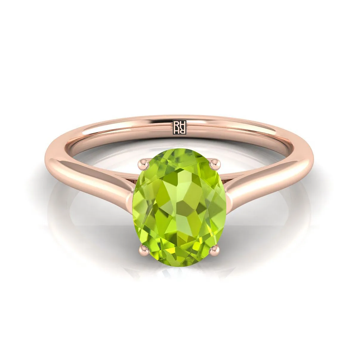 14K Rose Gold Oval Peridot Cathedral Style Comfort Fit Solitaire Engagement Ring