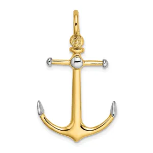 14K Yellow Gold Rhodium Polished Finish 3-Dimensional Anchor with Long T Bar and Shackle Bail Charm Pendant