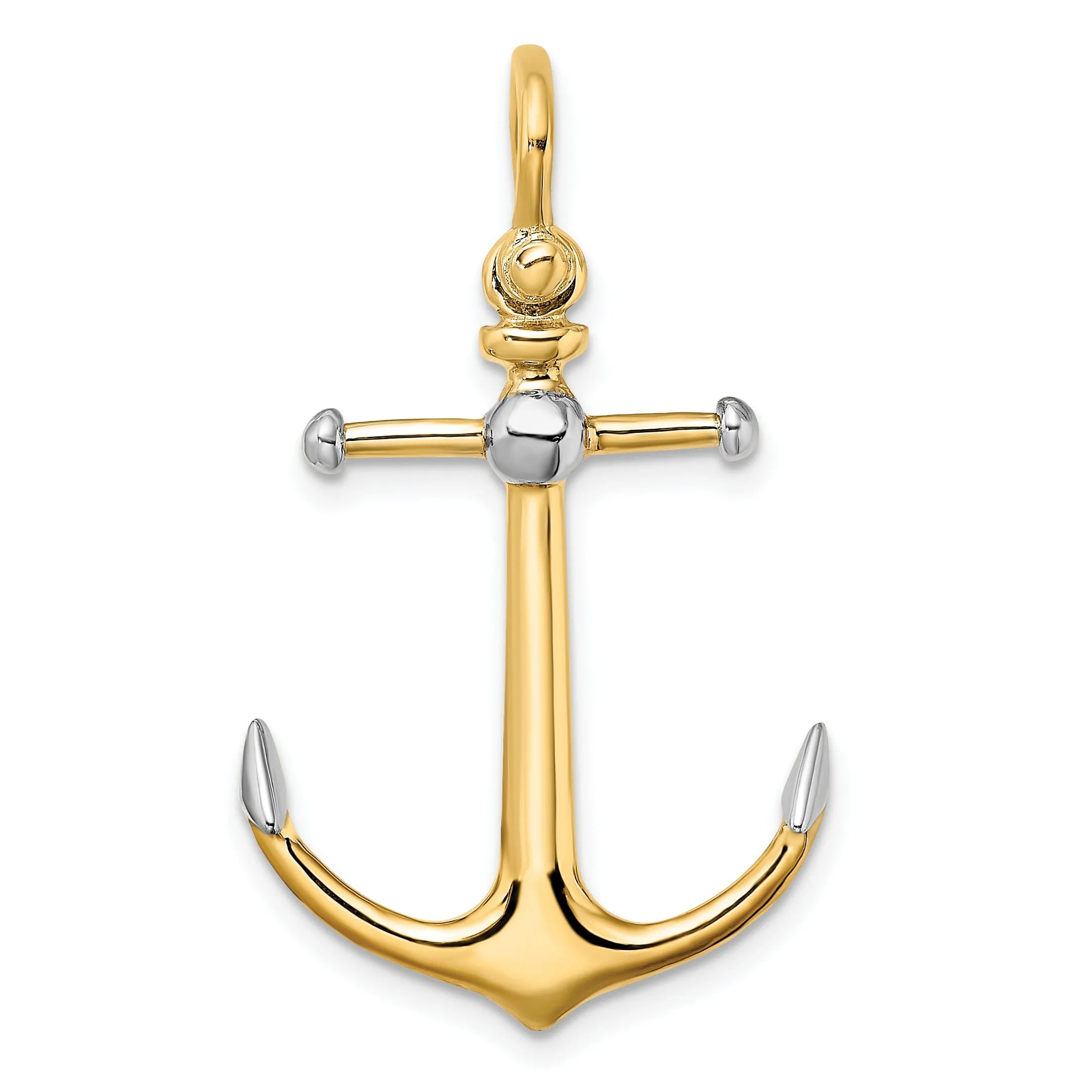 14K Yellow Gold Rhodium Polished Finish 3-Dimensional Anchor with Long T Bar and Shackle Bail Charm Pendant