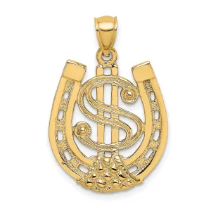 14k Yellow Gold Textured Polished Finish Dollar Sign in HorseShoe Design Charm Pendant