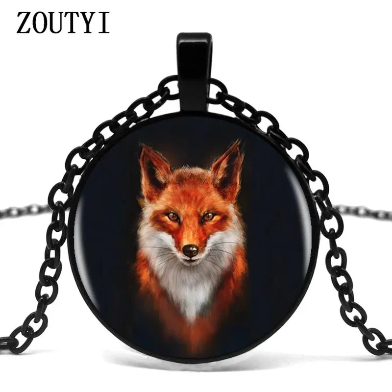 2018/Hot Fox logo pendant necklace handmade resin retro convex round Tibetan silver chain pendant necklace female ornament