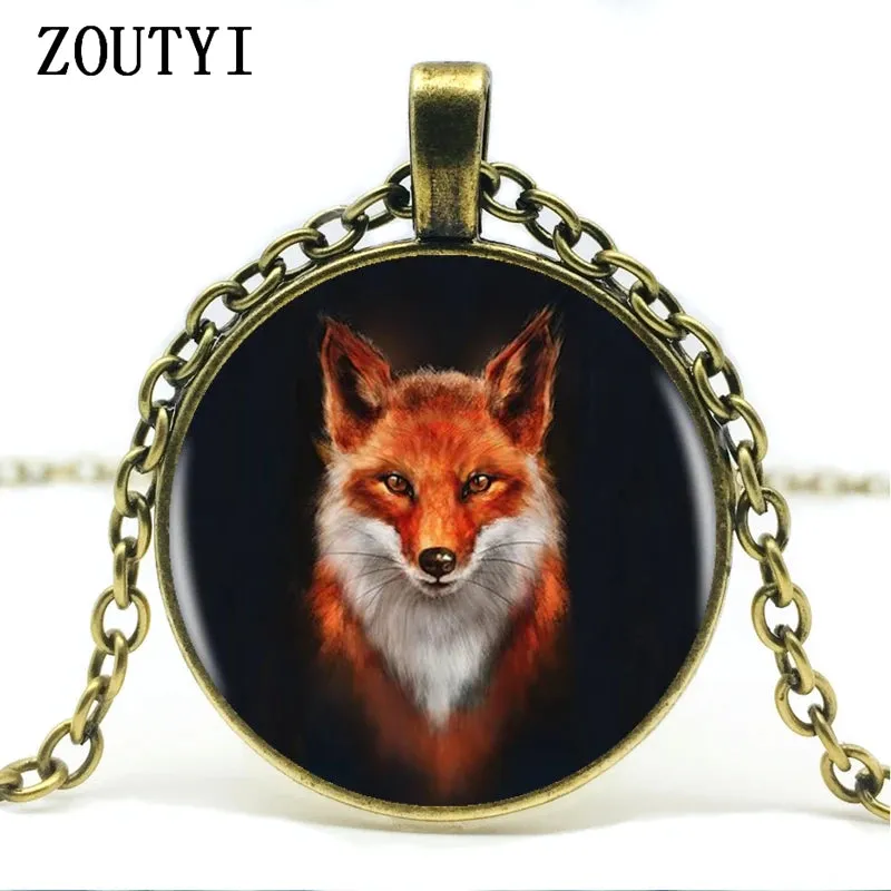 2018/Hot Fox logo pendant necklace handmade resin retro convex round Tibetan silver chain pendant necklace female ornament