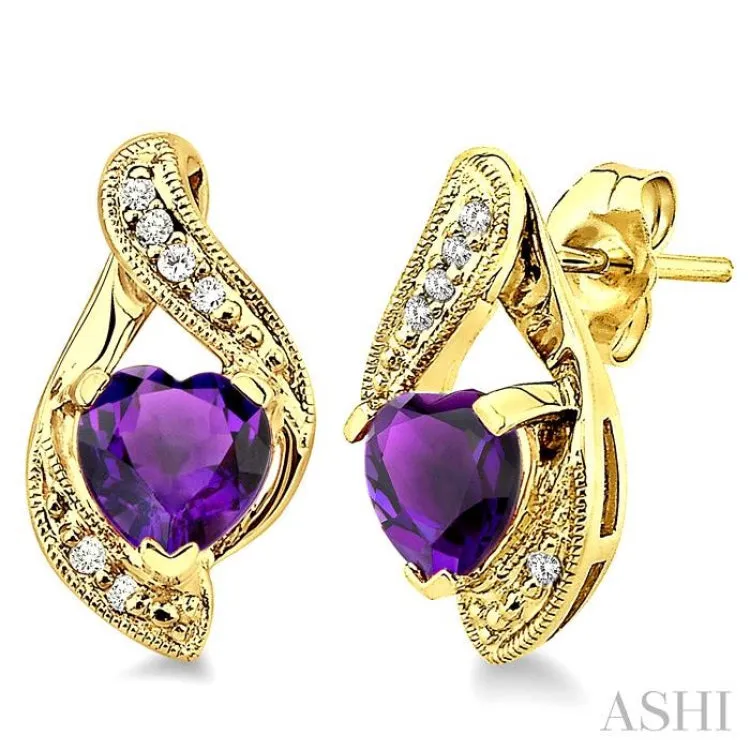 6x6mm Heart Shape Amethyst and 1/20 Ctw Single Cut Diamond Semi Precious Earrings in 10K Yellow Gold