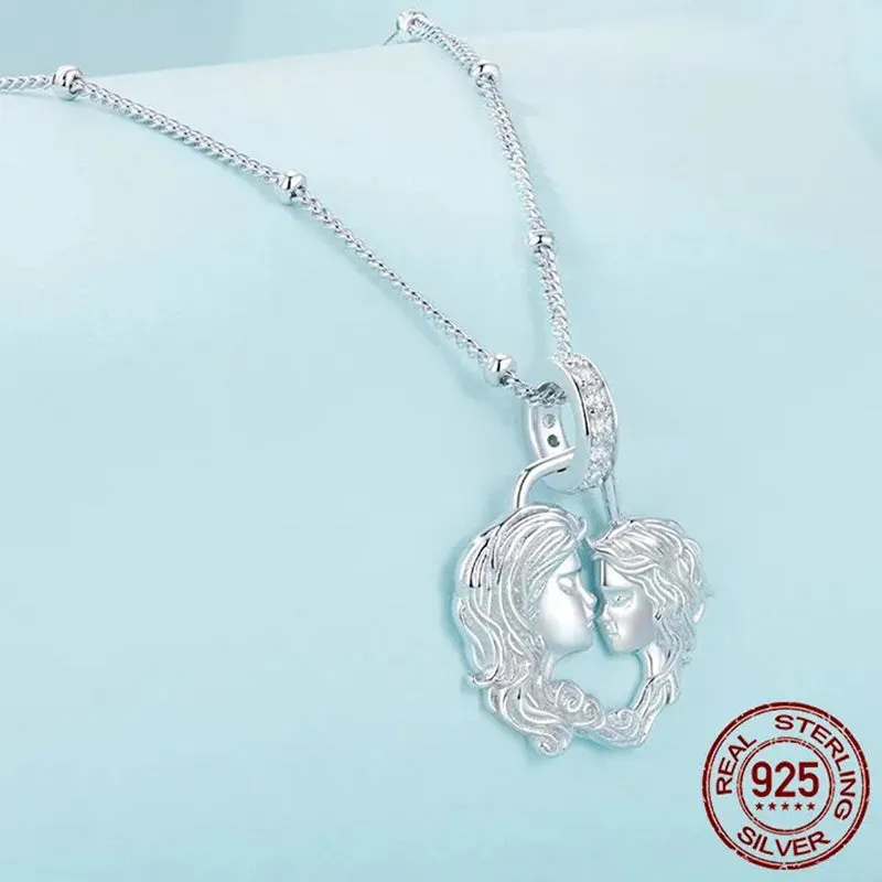 925 Sterling Silver Mom and Son Pendant Necklace Heart-shaped Necklace for Women Fine Jewelry Gift