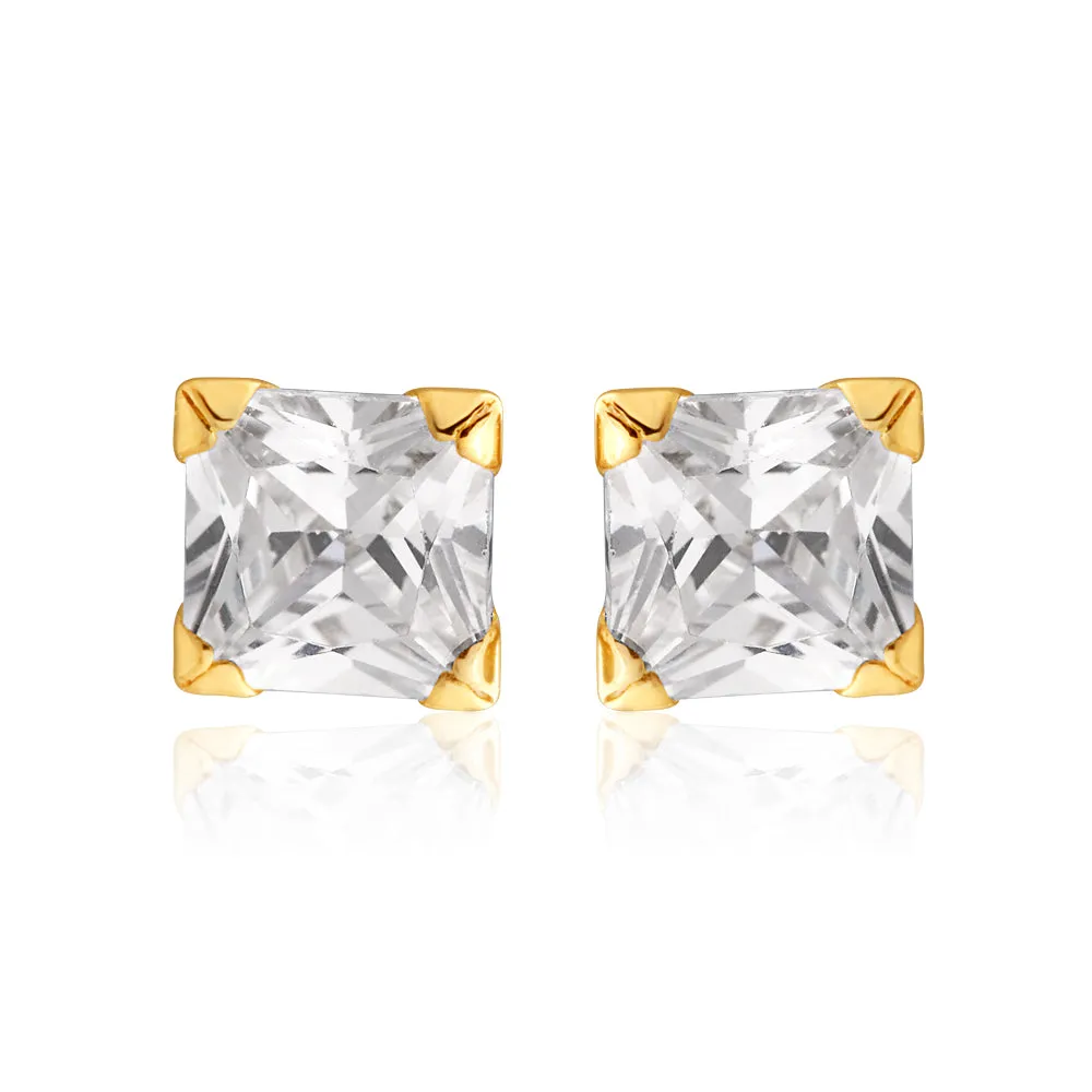 9ct Yellow Gold Cubic Zirconia 4mm Princess Stud Earrings