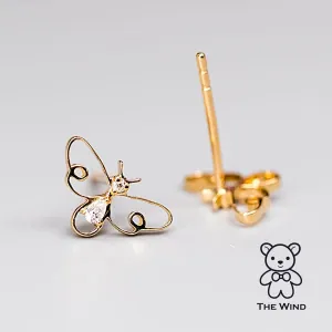 Adorable Bee Diamond Stud Earrings 18K Yellow Gold Stylish Earrings