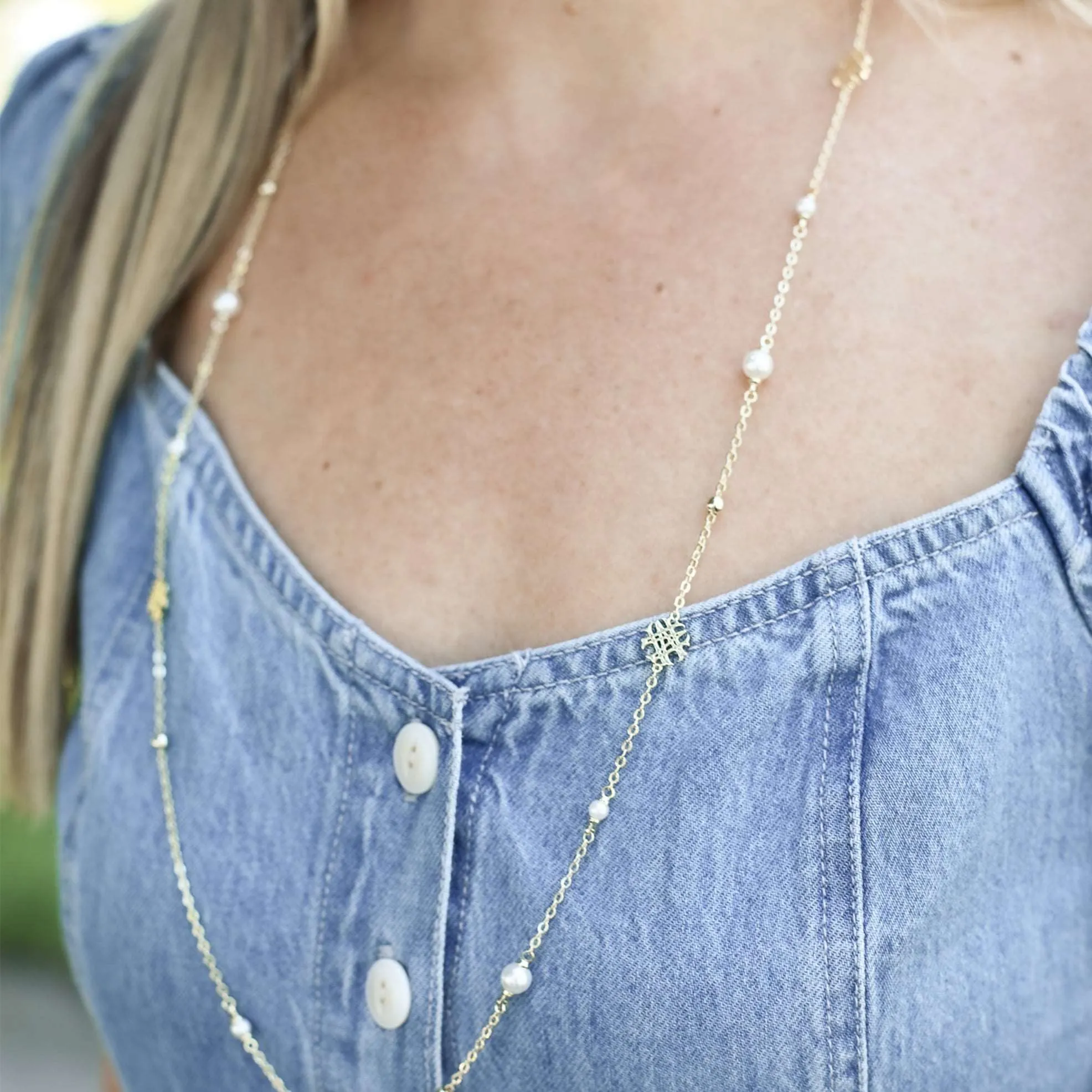 Adorned Pearl Logo Station Necklace in Silver