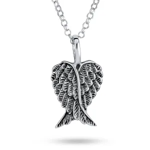 Amulet Feathered Heart Angel Wing Pendant Necklace in Antiqued Sterling Silver