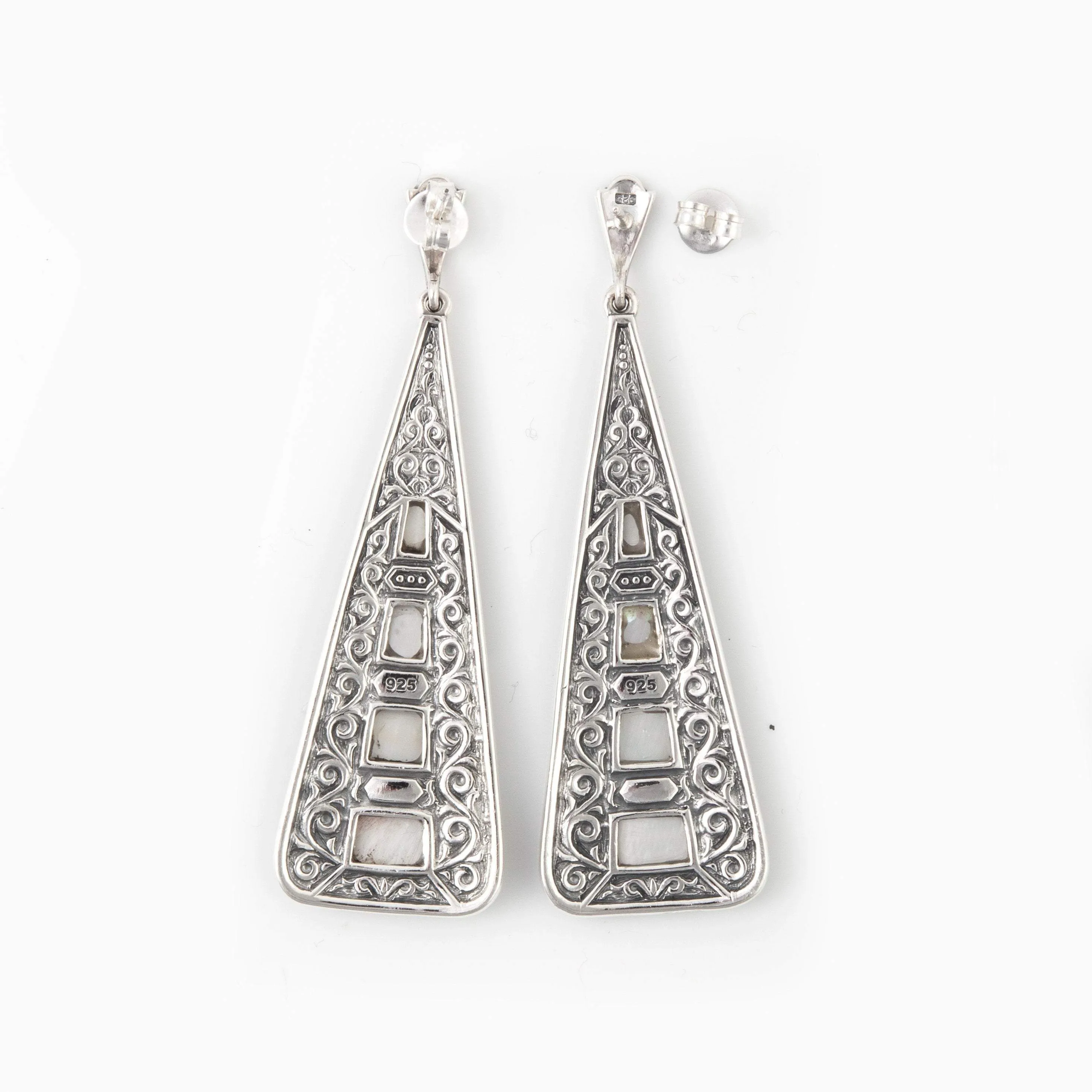 Art Deco Earrings Silver Marcasite Mother of Pearl