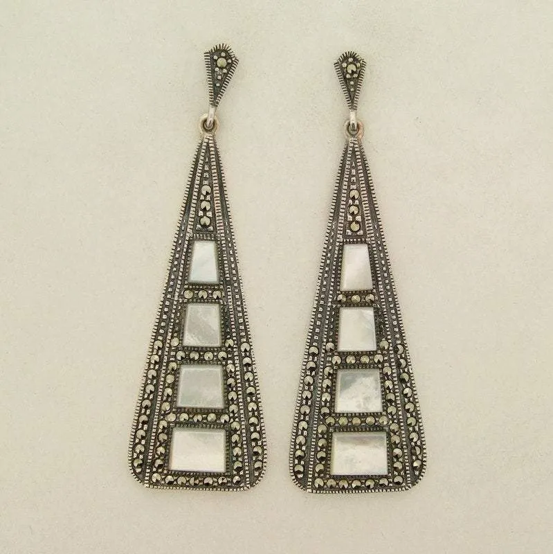 Art Deco Earrings Silver Marcasite Mother of Pearl