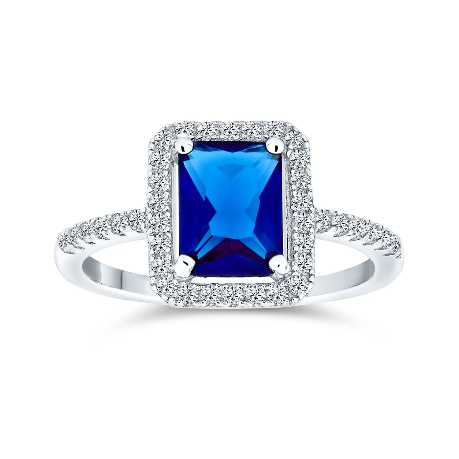 Art Deco Style Emerald Cut Engagement Ring with Blue Sapphire CZ in Rose Gold