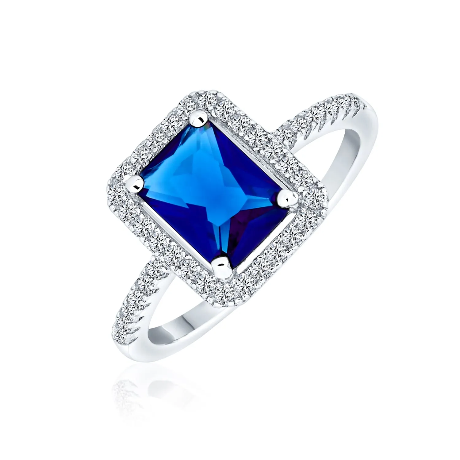 Art Deco Style Emerald Cut Engagement Ring with Blue Sapphire CZ in Rose Gold