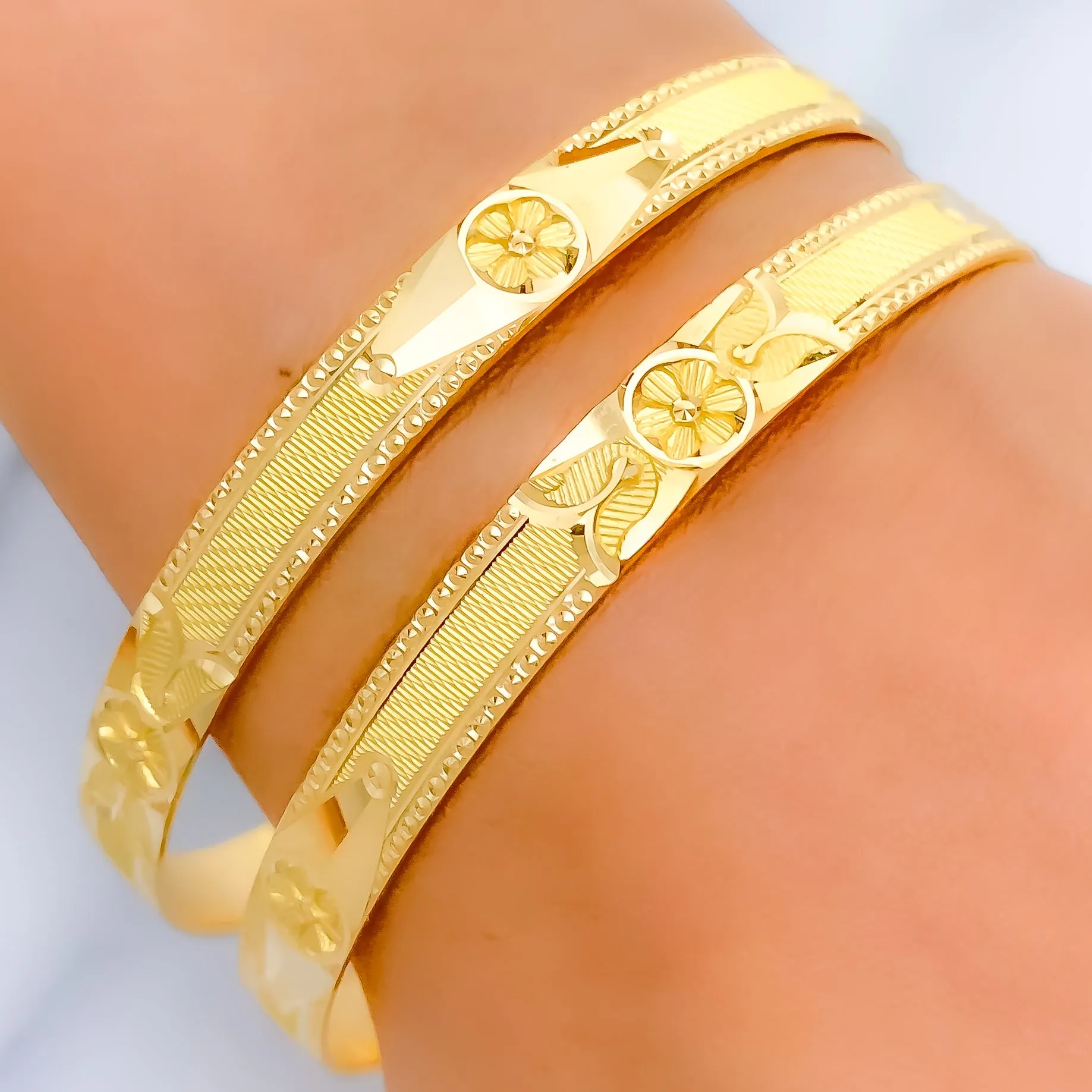 Attractive Etched Flower Accented 22k Gold Bangles