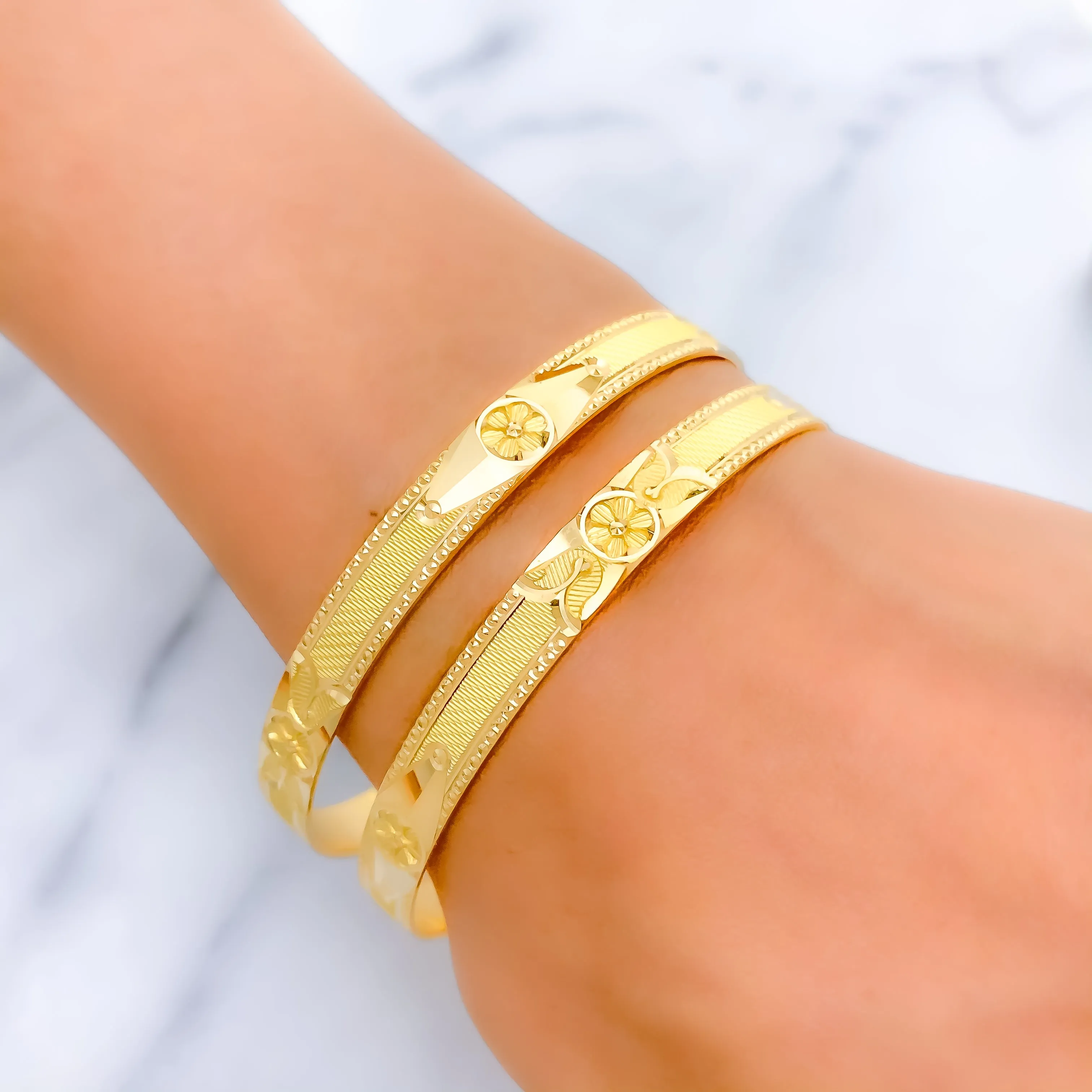 Attractive Etched Flower Accented 22k Gold Bangles