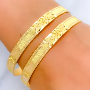 Attractive Etched Flower Accented 22k Gold Bangles