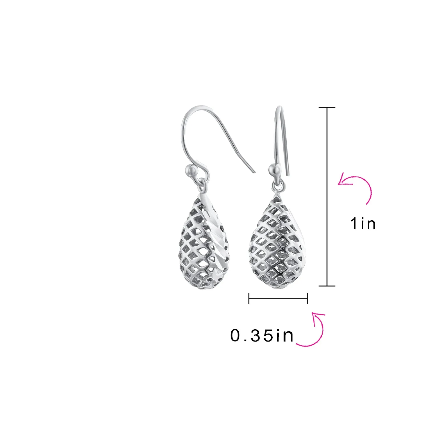 Basket Weave Puffed Raindrop Teardrop Earrings Sterling Silver 1Inch