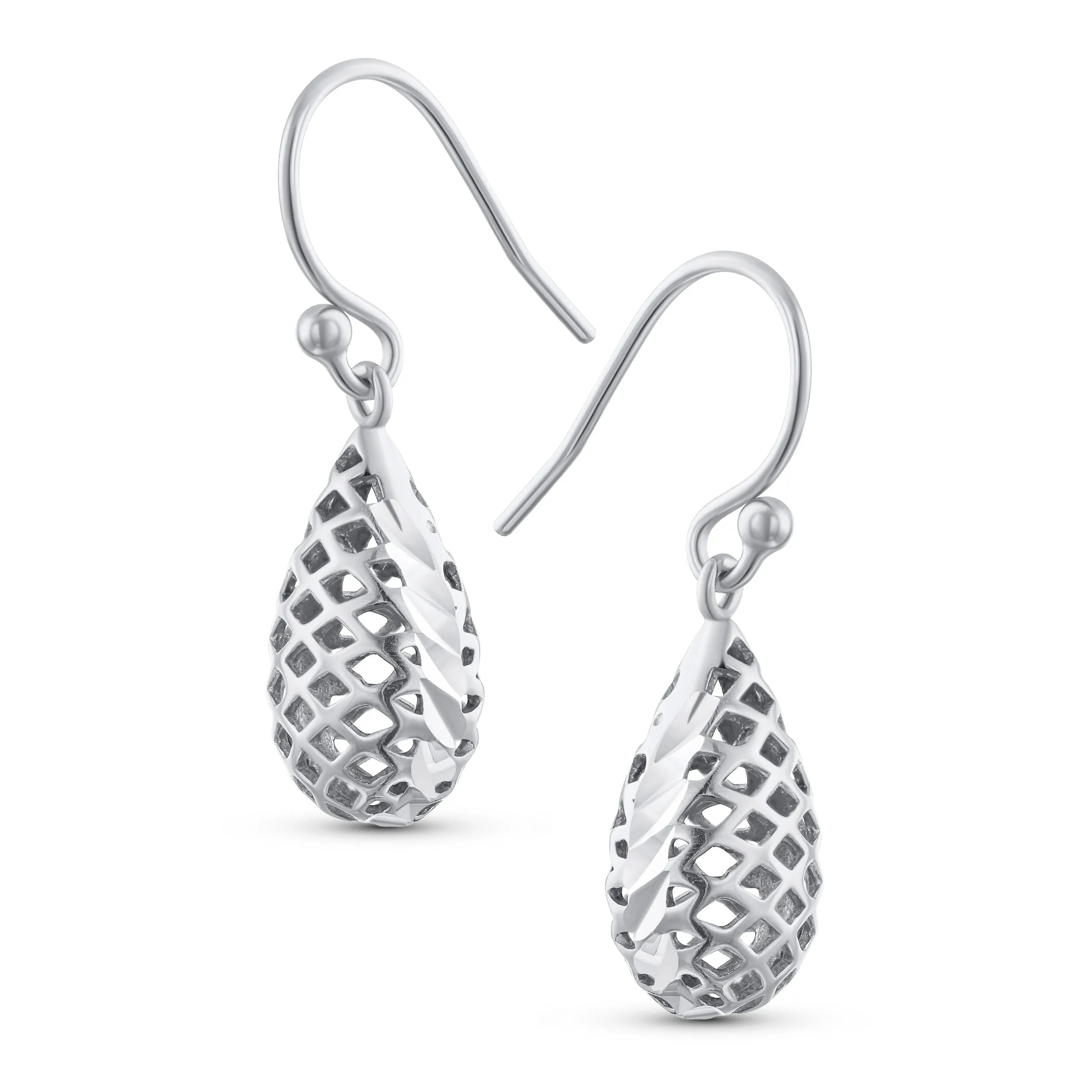 Basket Weave Puffed Raindrop Teardrop Earrings Sterling Silver 1Inch