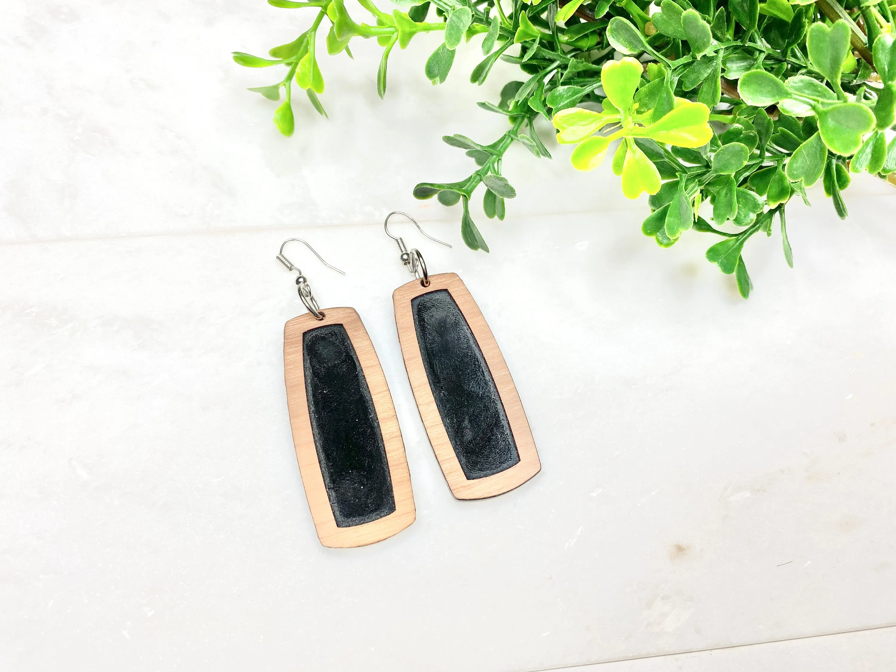 Black and Brown Dangle Earrings, Black Rectangle, Black Acrylic and Wood Earring, Boho Jewelry, Earring in Gift Box