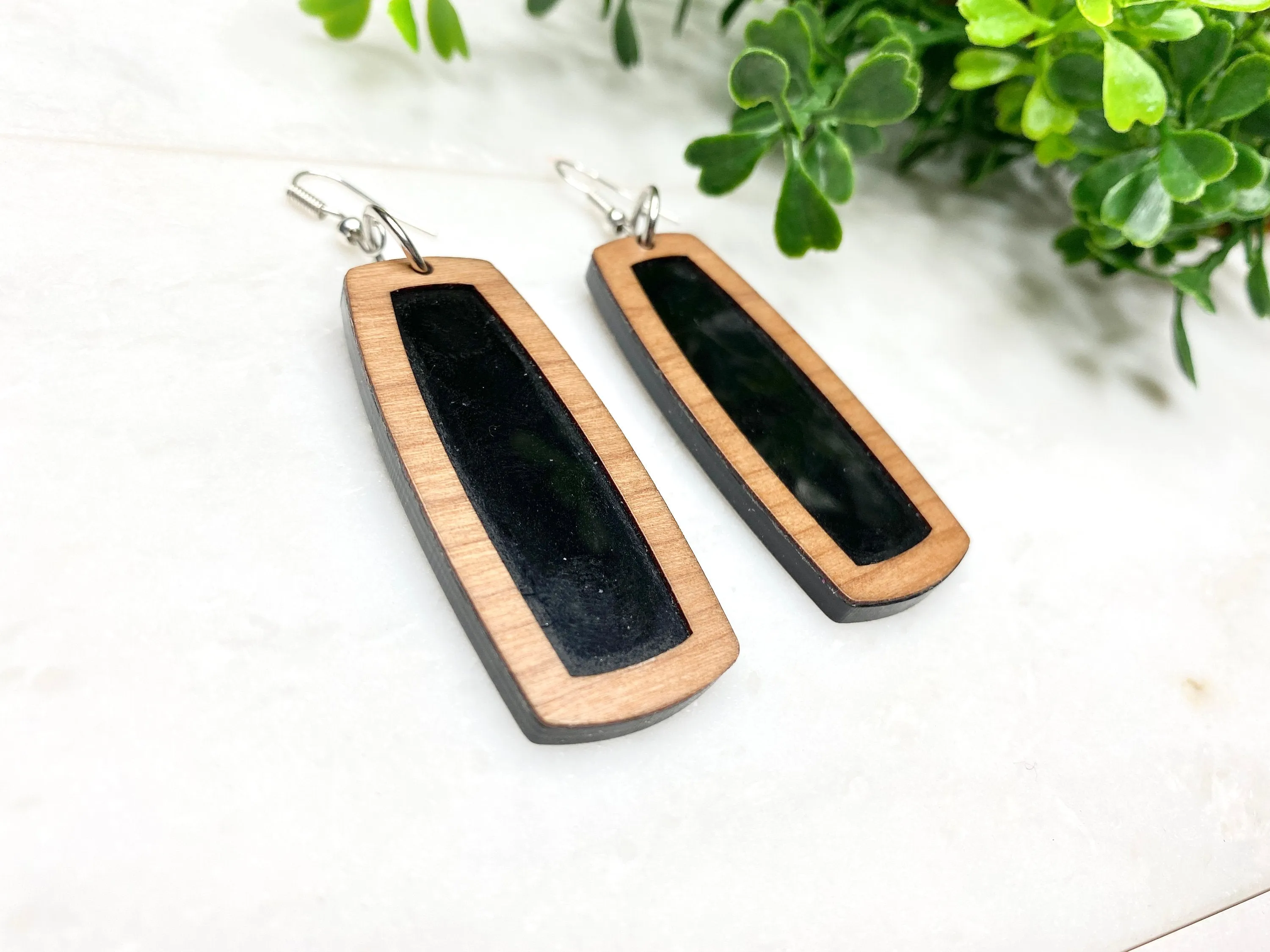 Black and Brown Dangle Earrings, Black Rectangle, Black Acrylic and Wood Earring, Boho Jewelry, Earring in Gift Box