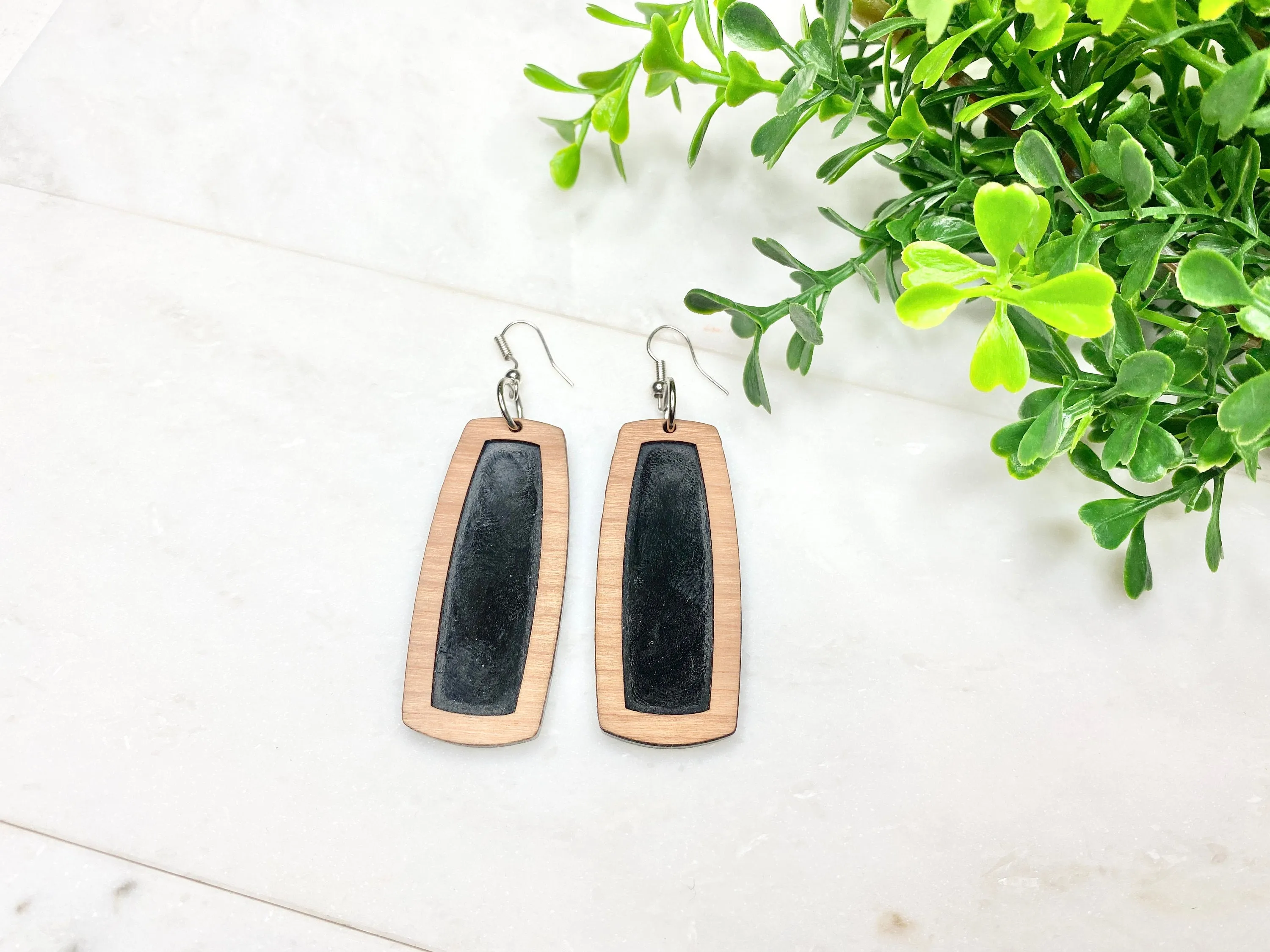 Black and Brown Dangle Earrings, Black Rectangle, Black Acrylic and Wood Earring, Boho Jewelry, Earring in Gift Box