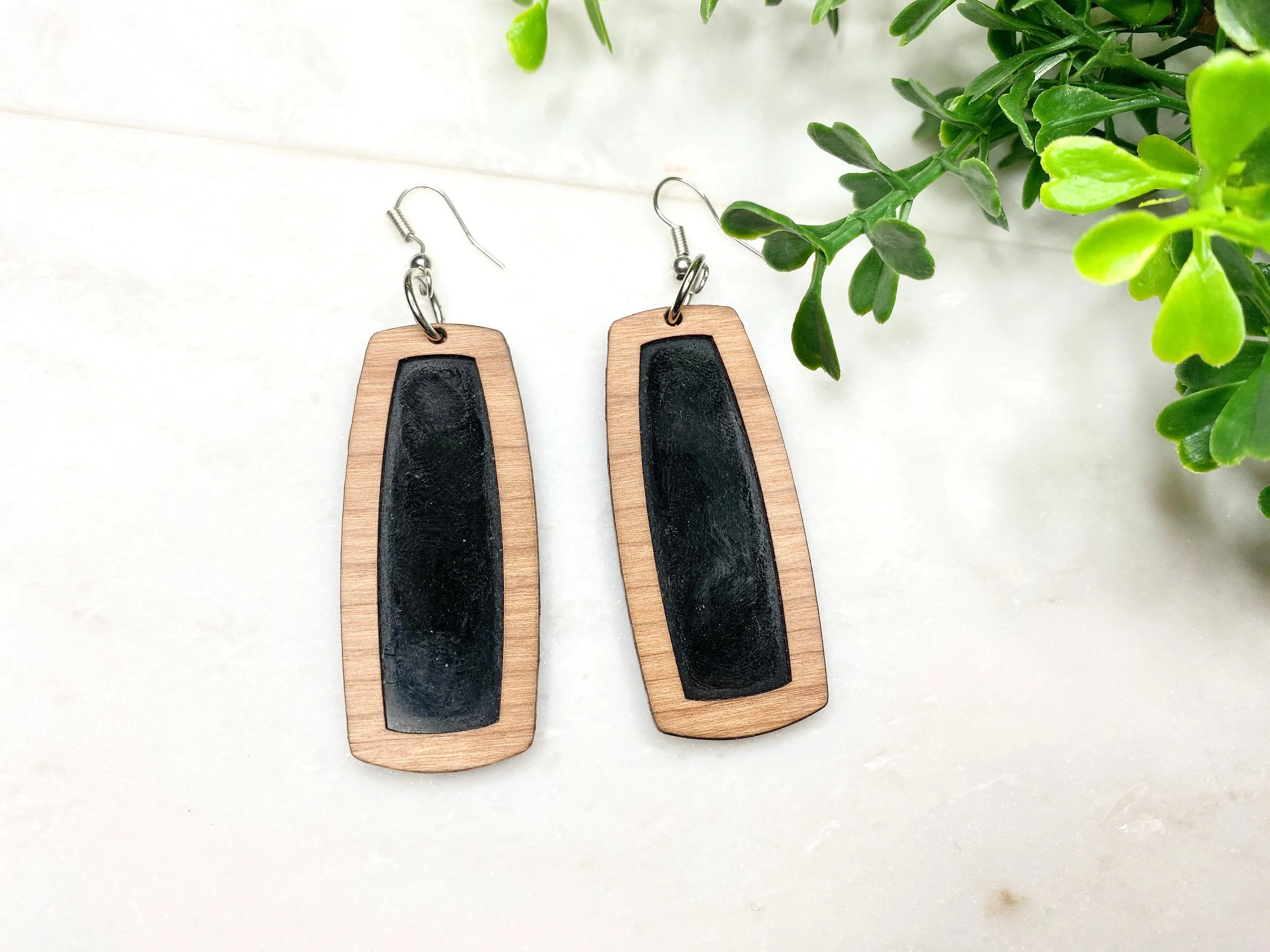 Black and Brown Dangle Earrings, Black Rectangle, Black Acrylic and Wood Earring, Boho Jewelry, Earring in Gift Box