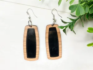 Black and Brown Dangle Earrings, Black Rectangle, Black Acrylic and Wood Earring, Boho Jewelry, Earring in Gift Box