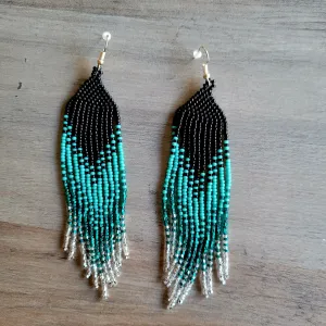 Black and teal Beaded Ombre Fringe Earrings