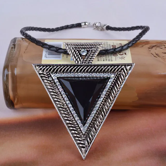 Black Choker Leather Rhinestone Triangle Pendant