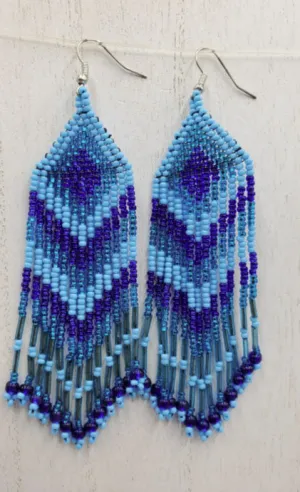 Blue Beaded Chevron Fringe Earrings