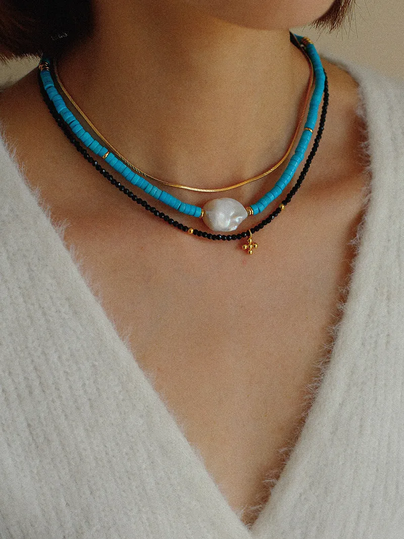 Blue Colored Stone Baroque Pearl Necklace