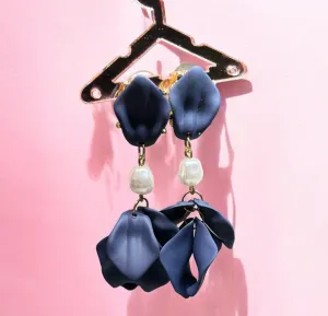 Blue - Navy blue flowers earrings | frosted iridescent petals earrings |pearly floral earrings | bridal party wedding earrings