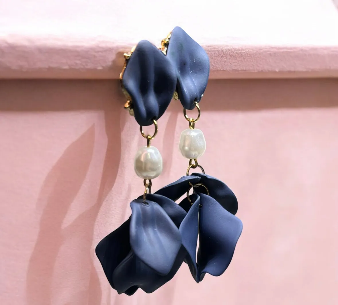 Blue - Navy blue flowers earrings | frosted iridescent petals earrings |pearly floral earrings | bridal party wedding earrings