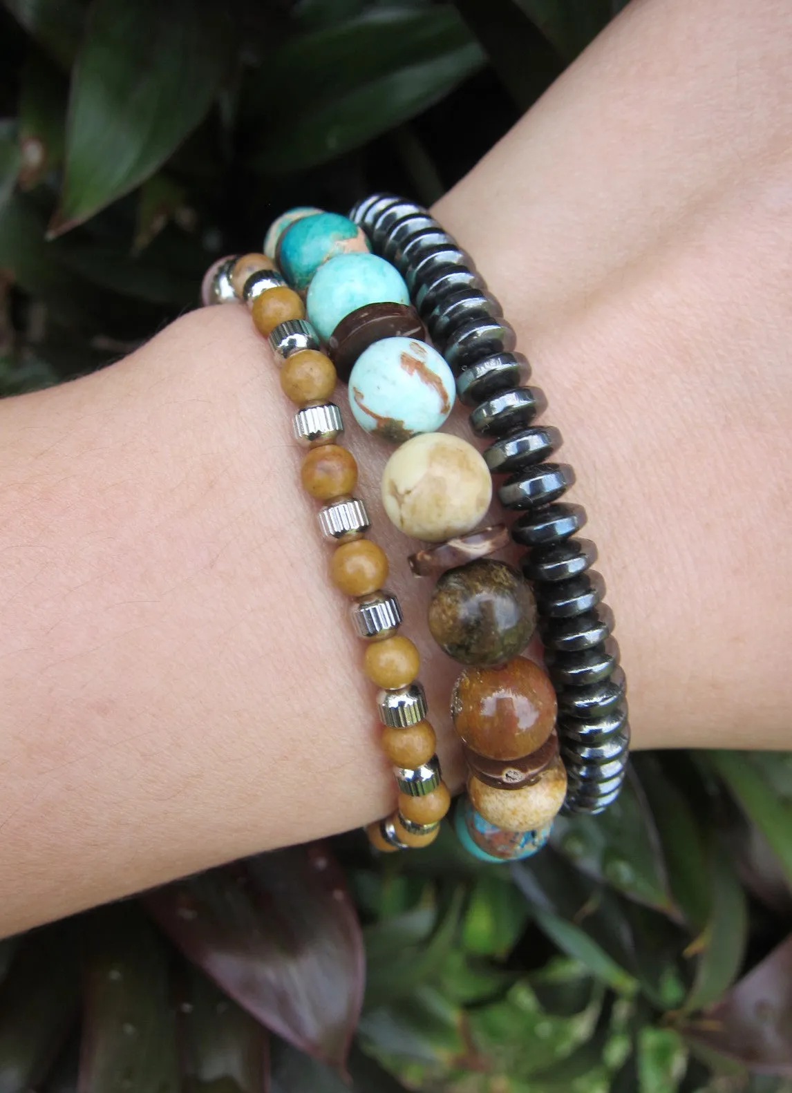 Bohemia Peruvian Mala Bracelet in Aqua Jasper, African Opal, Bronzite, Green Peru Turquoise