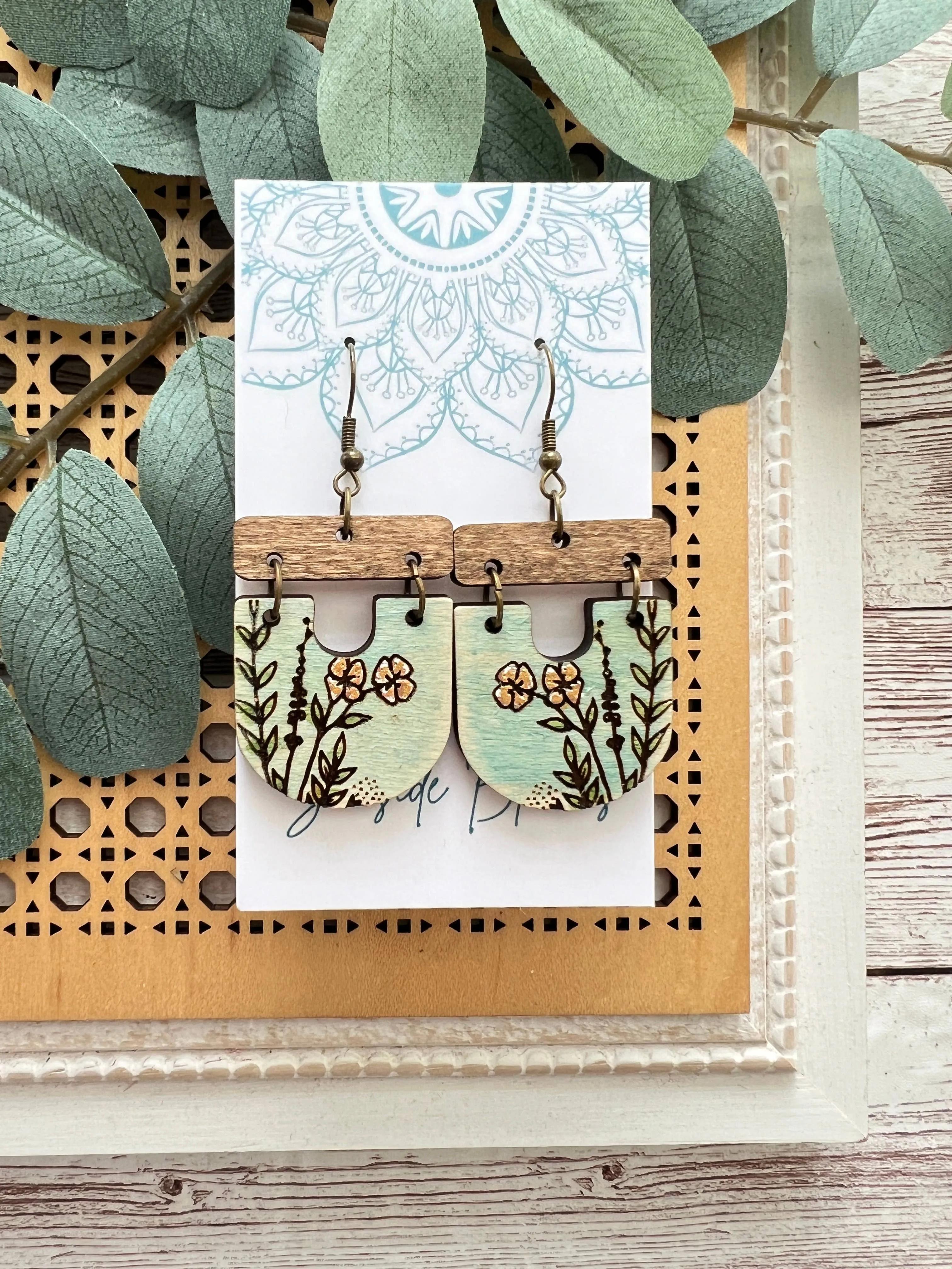 Boho hand painted lightweight flower maple wood earrings 