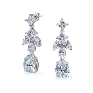 Bridal CZ Cluster Leaf Dangle Chandelier Earrings Silver Plated Brass