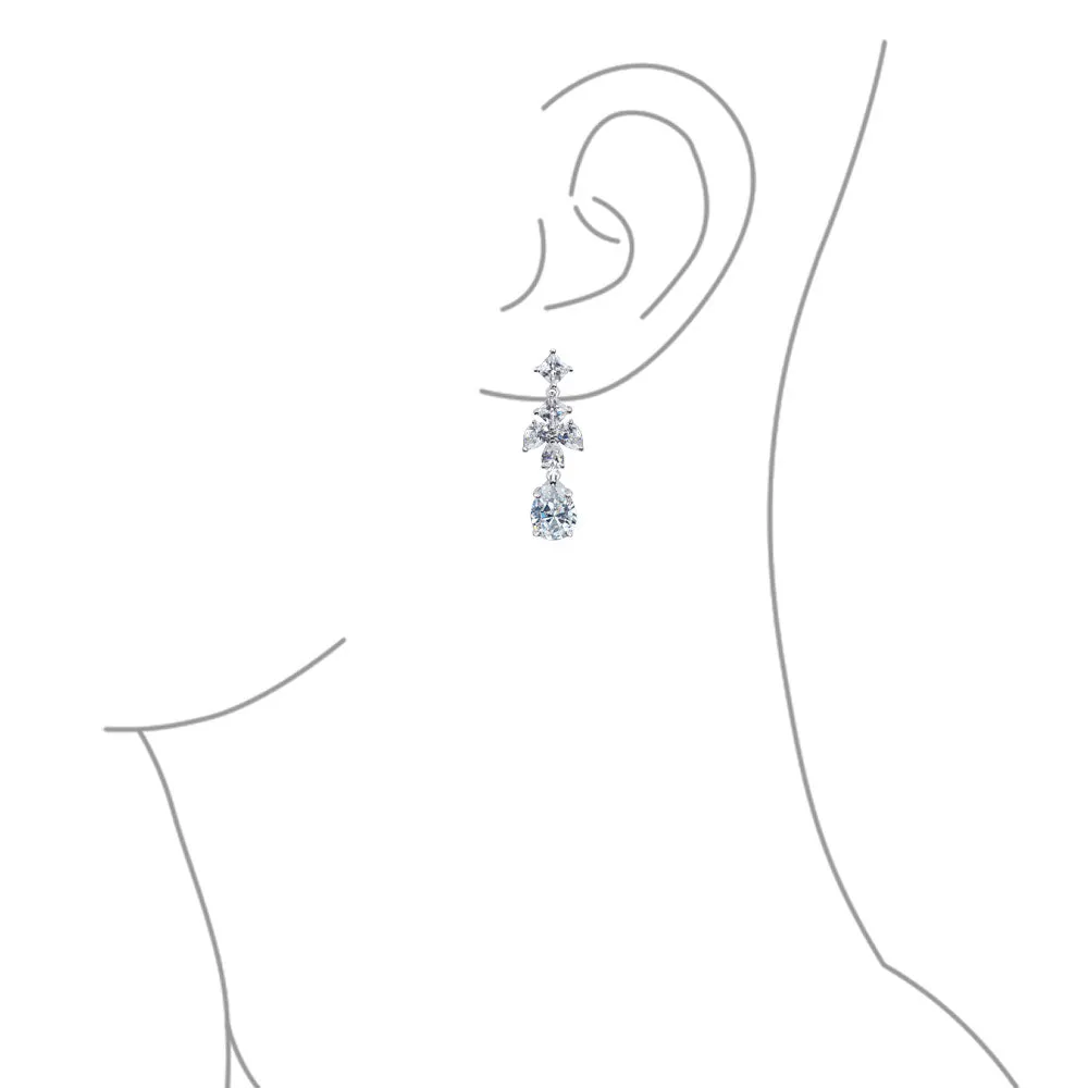 Bridal CZ Cluster Leaf Dangle Chandelier Earrings Silver Plated Brass