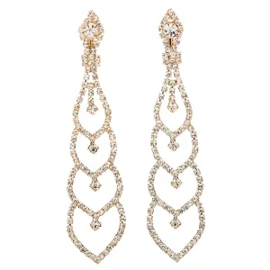 Bridal Wedding Bridesmaids Prom Rhinestone Layer Hearts Chandelier Long Dangle Drop Clip-on Earrings