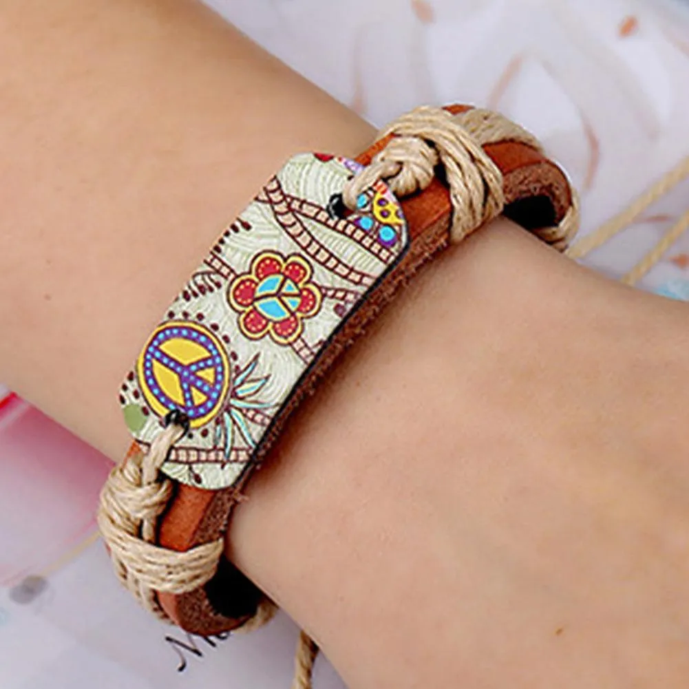 Cinnamon Vintage Boho Floral Leather Bracelet - Handmade & Braided Rope Design