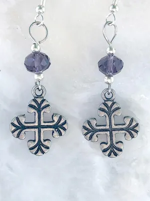 Cross with Purple Crystal Earrings