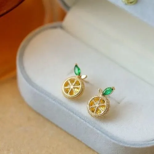 Cute Sparkling Lemon Ear Studs-Yellow n Red