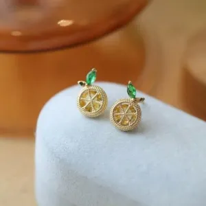 Cute Sparkling Lemon Ear Studs-Yellow n Red