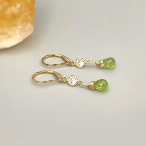 Dainty peridot earrings dangle, 14k Gold crystal