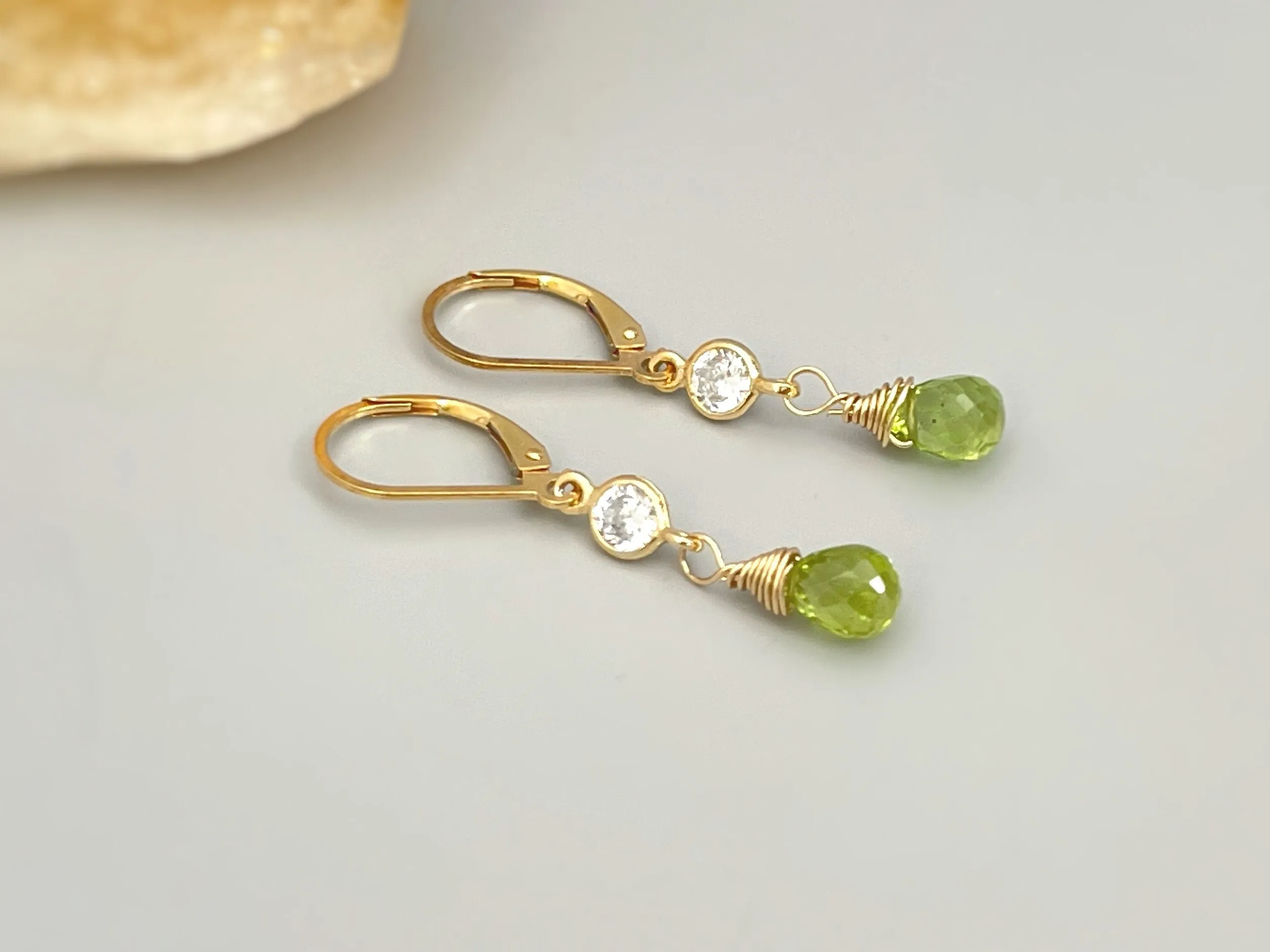 Dainty peridot earrings dangle, 14k Gold crystal