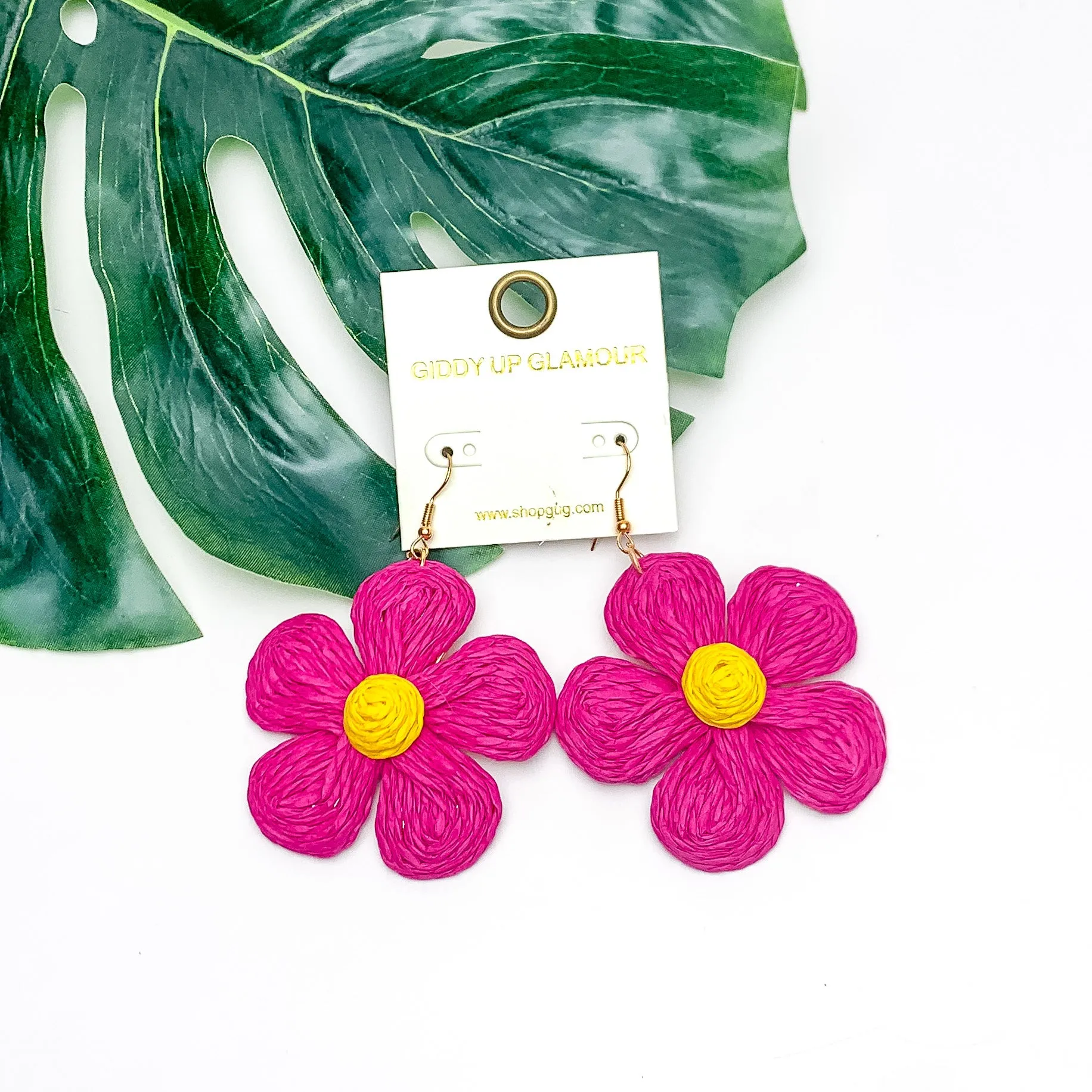 Darling Daisy Raffia Wrapped Flower Earrings in Hot Pink