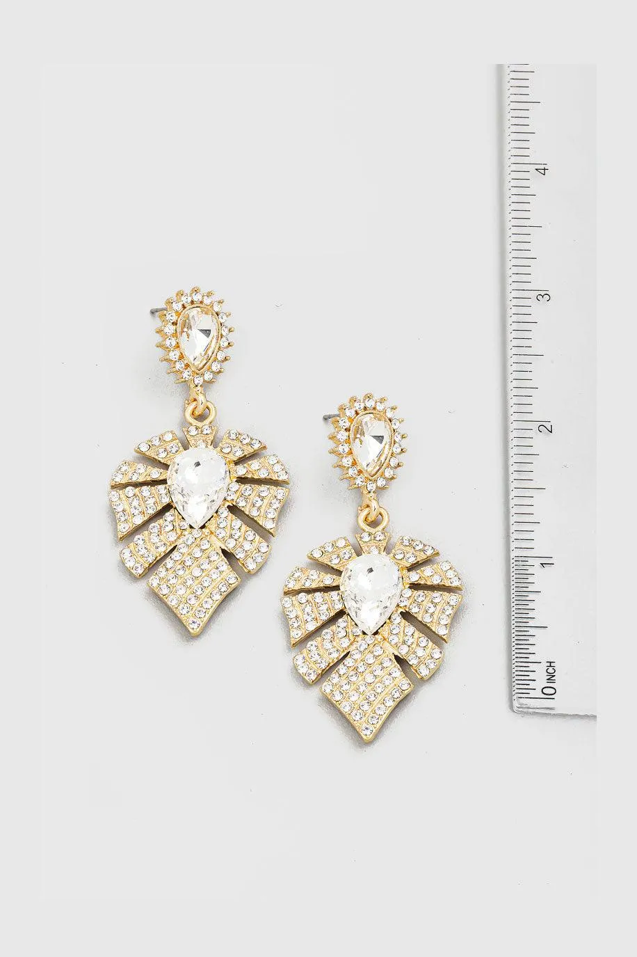 Elegant Pave Leaf Rhinestone Drop Dangle Omega Clip Earrings